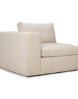The Ethnicraft Mellow Modular Sofa in Off White features a wide seat, single left armrest, and plush back cushion, upholstered in durable, stain-resistant Italian fabric for modern elegance—shown here on a white background.