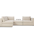 The Ethnicraft Mellow Modular Sofa in Off White is a modern L-shaped, configurable piece with wide armrests, plush cushions, stain-resistant Italian fabric, and a small black tray on the center ottoman.