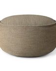 The Ethnicraft Donut Outdoor Pouf - Mocha is a round, light brown ottoman crafted from woven outdoor fabric with a smooth, seamless surface, displayed on a white background.