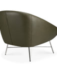 Rear view of an Ethnicraft Barrow Lounge Chair - Green Leather, featuring an olive green leather rounded back and thin metal legs.