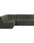 The Ethnicraft N701 Sectional Sofa in moss high performance fabric features tufted cushions and low, wide arms, combining modern European style with stain-resistant durability.