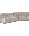 The Ethnicraft N701 Sectional Sofa in ecru high performance fabric features tufted cushions, low backrests, and a modern L-shaped design, shown against a white background.