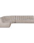 The Ethnicraft N701 Modular Sofa in ecru eco fabric features deep seats, a low backrest, grid-patterned tufting, and minimalist L-shaped design—crafted from recycled cotton for sustainable style.