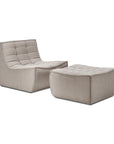 The Ethnicraft N701 Modular Sofa - Ecru (Eco Fabric) is a modern, low-profile lounge piece featuring soft curves, tufted square stitching, and eco-friendly recycled cotton material for a stylish and sustainable touch.