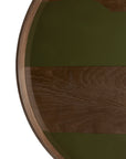 Close-up of the Ethnicraft Second Nature Tray, showcasing alternating bands of dark olive green and natural wood grain, viewed from above against a white background.