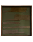 The Ethnicraft Second Nature Tray features a square frame with five irregular, horizontal wooden strips on an olive green background, showcasing the brands abstract and minimalist aesthetic.