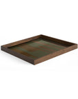 The Ethnicraft Second Nature Tray is a square wooden tray with raised edges and a glossy finish, showcasing an abstract green and brown striped pattern from Ethnicrafts collection, set against a plain white background.