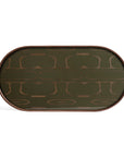 The Ethnicraft Second Nature Tray is an oval wooden tray with a dark green surface, subtle light brown geometric pattern, raised edges, and polished finish—showcasing the brands signature design.