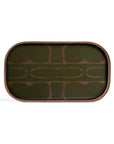 The Ethnicraft Second Nature Valet Tray is crafted from wood, featuring rounded corners, a dark green base, and a symmetrical abstract pattern in a lighter brown wood tone.