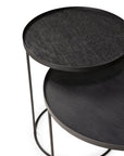 The Ethnicraft Round Tray Side Table Set - S/L features two modern, round black tables with thin metal legs; one is taller and overlaps the other, each with distinct textured tabletops.