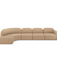 The Ethnicraft Bulky Modular Sofa - Light Sepia is a curved, modular piece with plush upholstery, four seat cushions, a right-side armrest, and a modern minimalist design.