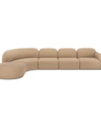 The Ethnicraft Bulky Modular Sofa - Light Sepia is a curved sectional with five connected seats, plain fabric upholstery, plush memory foam, a left-side rounded chaise, and a right armrest.