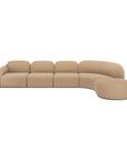 The Ethnicraft Bulky Modular Sofa - Light Sepia is a modern, luxurious fabric sofa with four square seats and a right-side rounded chaise lounge, featuring high-density memory foam, shown against a plain white background.