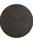 The Ethnicraft Nesting Coffee Table Slice Umber (Set of 2) features round, dark brown tops with a textured, crackled pattern reminiscent of aged wood or tree rings—perfect for modern living spaces.
