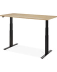 The Ethnicraft Bok Adjustable Desk - Oak features a modern motorised height-adjustable design with a light oak tabletop, black metal legs, and built-in cable management, shown against a white background.