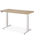 The Ethnicraft Bok Adjustable Desk - Oak features a rectangular oak top, white adjustable legs for customizable height, and integrated cable management, displayed against a plain white background.