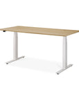 The Ethnicraft Bok Adjustable Desk - Oak is a modern motorised desk with adjustable height, an oak tabletop, white metal legs, and built-in cable management, displayed on a white background.