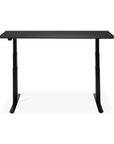 The Ethnicraft Bok Adjustable Desk in Black Oak features a modern minimalist design with a rectangular tabletop, two sturdy legs, built-in cable management, and an adjustable height mechanism for a clutter-free workspace.