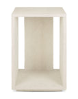 The Ethnicraft Elements Bedside Table features a minimalist rectangular design with an off-white microcement finish, clean lines, an open center, and a modern geometric look.