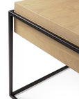 A close-up of Ethnicrafts Monolit Side Table – Oak and Black shows its light solid oak top and sleek black metal frame, highlighting clean, minimalist lines.