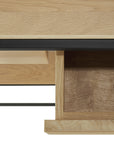 Close-up of the Ethnicraft Monolit Console - Oak, showcasing clean horizontal and vertical lines, light wood grain, and a bold black accent strip.
