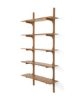 The Ethnicraft PI Wall Shelf - Mahogany (5 shelves) features a modern, open design with rounded edges, solid mahogany construction, five horizontal shelves, vertical supports, and minimalist style.