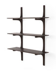 The Ethnicraft Pi Wall Shelf - Dark Mahogany features three horizontal shelves supported by curved vertical brackets, offering a modern wall-mounted design.