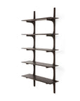 The Ethnicraft Pi Wall Shelf in dark mahogany features five evenly spaced shelves with curved supports, mounted vertically to the wall for a modern look.