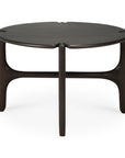The Ethnicraft PI Coffee Table - Mahogany features a round, dark mahogany top with subtle curved notches, three legs, and a smooth, minimalist modern design.