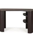 The Ethnicraft Roller Max Desk features a modern dark brown mahogany finish, rounded edges, vertical grooved legs, and two open right-side shelves, reflecting sophisticated contemporary design.