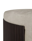 Close-up of the Ethnicraft Roller Max Pouf, featuring a beige upholstered cushion atop vertical dark mahogany slats—a refined modern ottoman for any space.