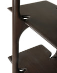 Close-up of the Ethnicraft PI Rack in mahogany, featuring uniquely angled shelves interlocking with a sculpted vertical post. The polished surface emphasizes its minimalist, modern design from the PI collection.