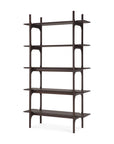 The Ethnicraft PI Rack - Mahogany is a modern shelving unit featuring five open shelves with gently curved edges, minimalist design, and four legs in dark mahogany wood.