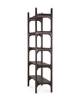 The Ethnicraft PI Rack in dark brown mahogany features five shelves, rounded corners, and open sides with curved arches. Its tall, minimalist design adds a sculptural, contemporary touch to any space.