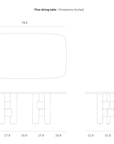 Technical line drawing of an Ethnicraft Flow Dining Table | Mahogany Rose Brown with rounded corners, showing top, front, and side views with dimensional measurements in inches.