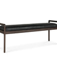 The Jack Bench - Mahogany with Black Leather by Ethnicraft features a sleek mahogany frame and black leather seat, with simple lines and low arms inspired by Scandinavian modernism.