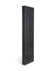 The Ethnicraft Chopped Room Divider stands upright against a white background, its tall, narrow black panel showcasing a subtle hammered texture, reminiscent of black stained mahogany crafted by Javanese artisans.