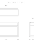 Technical line drawing of an Ethnicraft Eda Console table with one shelf, showing top, front, and side views with corresponding dimensions in inches.