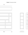 Technical line drawing showing front, top, and side views of the Ethnicraft Eda rack with dimensions in inches.