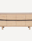 The SOBU Jupiter Sideboard - White Ash 4-door features a horizontal dark wavy live edge, four cabinet doors, and short round legs. The number 02 is displayed in the bottom right corner.