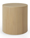 The Ethnicraft Roller Max Side Table - Oak features a round, light wood design with vertical slats and a smooth top. Its natural solid oak finish adds modern texture, making it a stylish accent for any room.