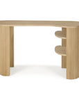 The Roller Max Desk | Oak by Ethnicraft features a modern design with rounded edges, vertical grooves on the legs, and two open shelves on the right side. Its light oak finish showcases contemporary style and reflects Ethnicraft’s signature craftsmanship.