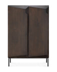 The Ethnicraft Stairs cupboard - Oak Brown features a modern design with dark solid oak, two large push-to-open doors, geometric angled edges, minimal black metal legs, adjustable shelves, and a sleek look against a plain white background.