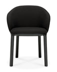 The Ethnicraft Unda Dining Chair is a modern black dining chair with an upholstered shell, curved backrest, and four wooden legs, shown from the front against a white background.