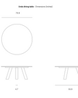 Technical line drawing showing the top, front, and side profile dimensions in inches for an Ethnicraft Unda Dining Table.