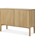 The Ethnicraft Pi Sideboard - 2 door is crafted from solid oak with a hardwax oil finish, featuring rounded edges, minimalistic design, natural style, two doors, and four legs.