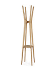 The Ethnicraft PI Coat Stand - Oak features four tall, angled solid oak legs and a smooth, minimal design. Its natural wood finish provides stylish and versatile hooks for hanging items in any modern space.