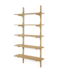 The Ethnicraft PI Wall Shelf - Oak (5 shelves) is a minimalist, solid oak wall-mounted shelving unit with five evenly spaced shelves, shown against a plain white background.