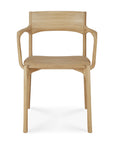 The Ethnicraft PI Dining Chair - Oak with arms features a curved backrest, smooth armrests, and a natural light solid oak finish, shown from the front against a white background.