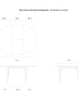 Line drawings of the Ethnicraft Bok Round Extendable Dining Table - Black in solid oak, showing top and side views with inch dimensions, extension panels, and the Ethnicraft logo at the top left.